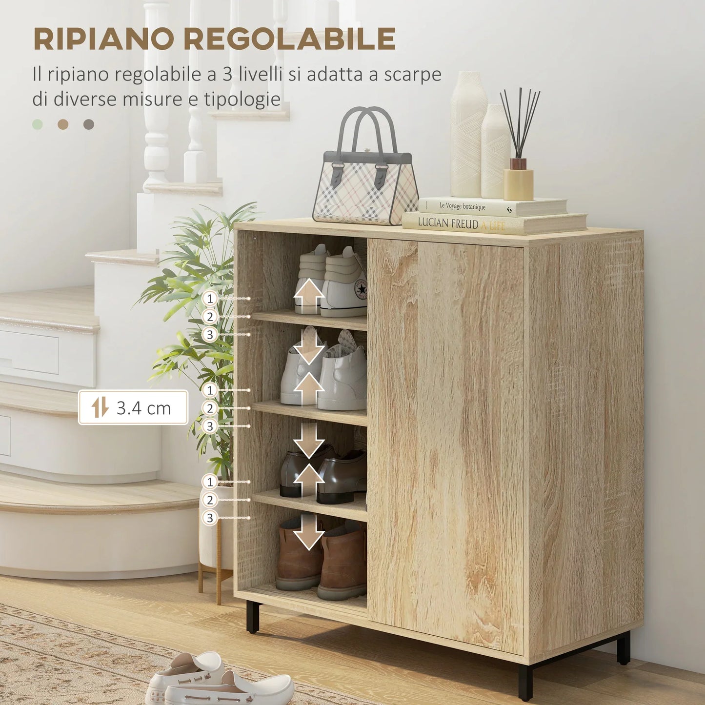 HOMCOM 4-stöckiger Schuhschrank für den Eingangsbereich, Spanplatte und Stahl, Schuhaufbewahrung mit Schiebetür, Schuhregal mit Ablagen für bis zu 12 Paar Schuhe, 80x40x93 cm, Holzfarbe