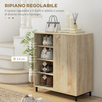 HOMCOM 4-stöckiger Schuhschrank für den Eingangsbereich, Spanplatte und Stahl, Schuhaufbewahrung mit Schiebetür, Schuhregal mit Ablagen für bis zu 12 Paar Schuhe, 80x40x93 cm, Holzfarbe