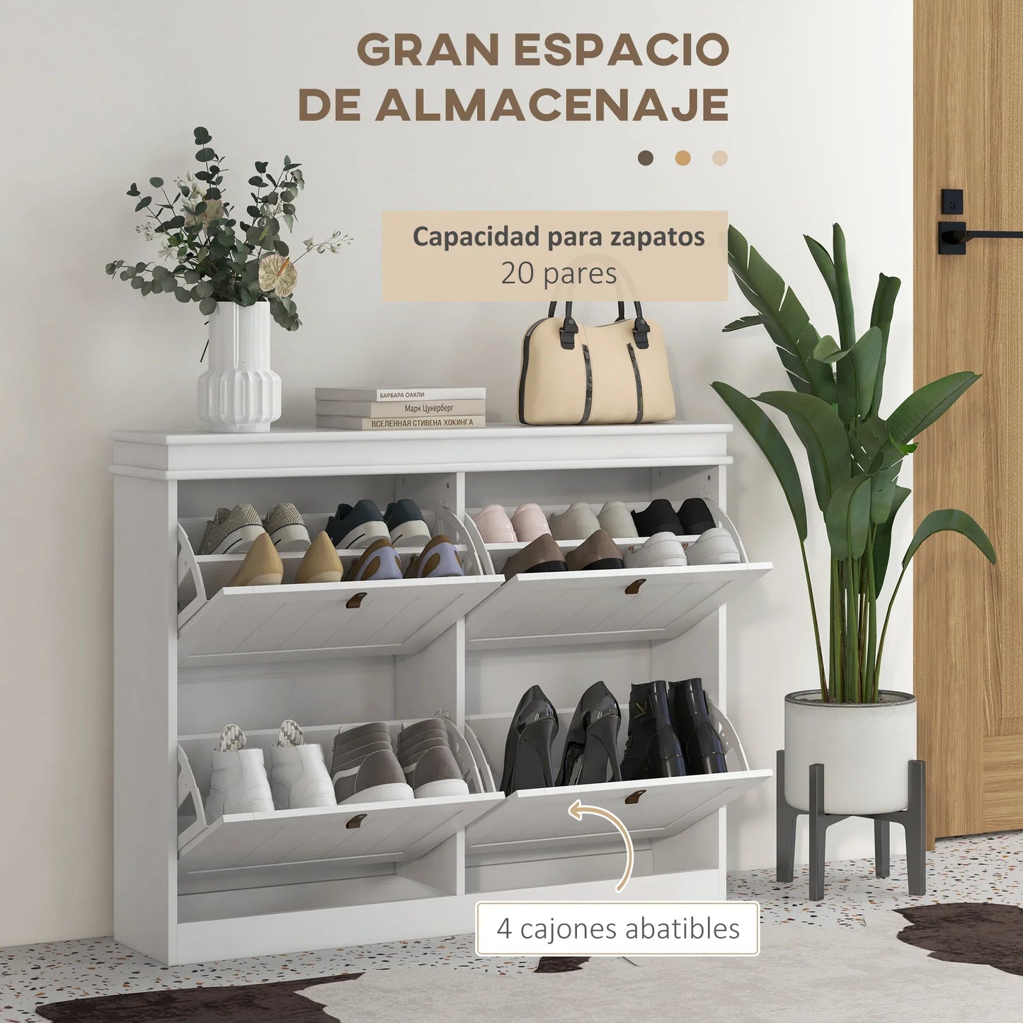 HOMCOM White Shoe Cabinet Slim Shoe Rack with 4 Tilt Doors and Adjustable Shelves for 20 Pairs of Shoes, Anti-tipping Device for Entrance Hallway 105x24x82.5 cm