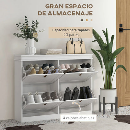 HOMCOM White Shoe Cabinet Slim Shoe Rack with 4 Tilt Doors and Adjustable Shelves for 20 Pairs of Shoes, Anti-tipping Device for Entrance Hallway 105x24x82.5 cm