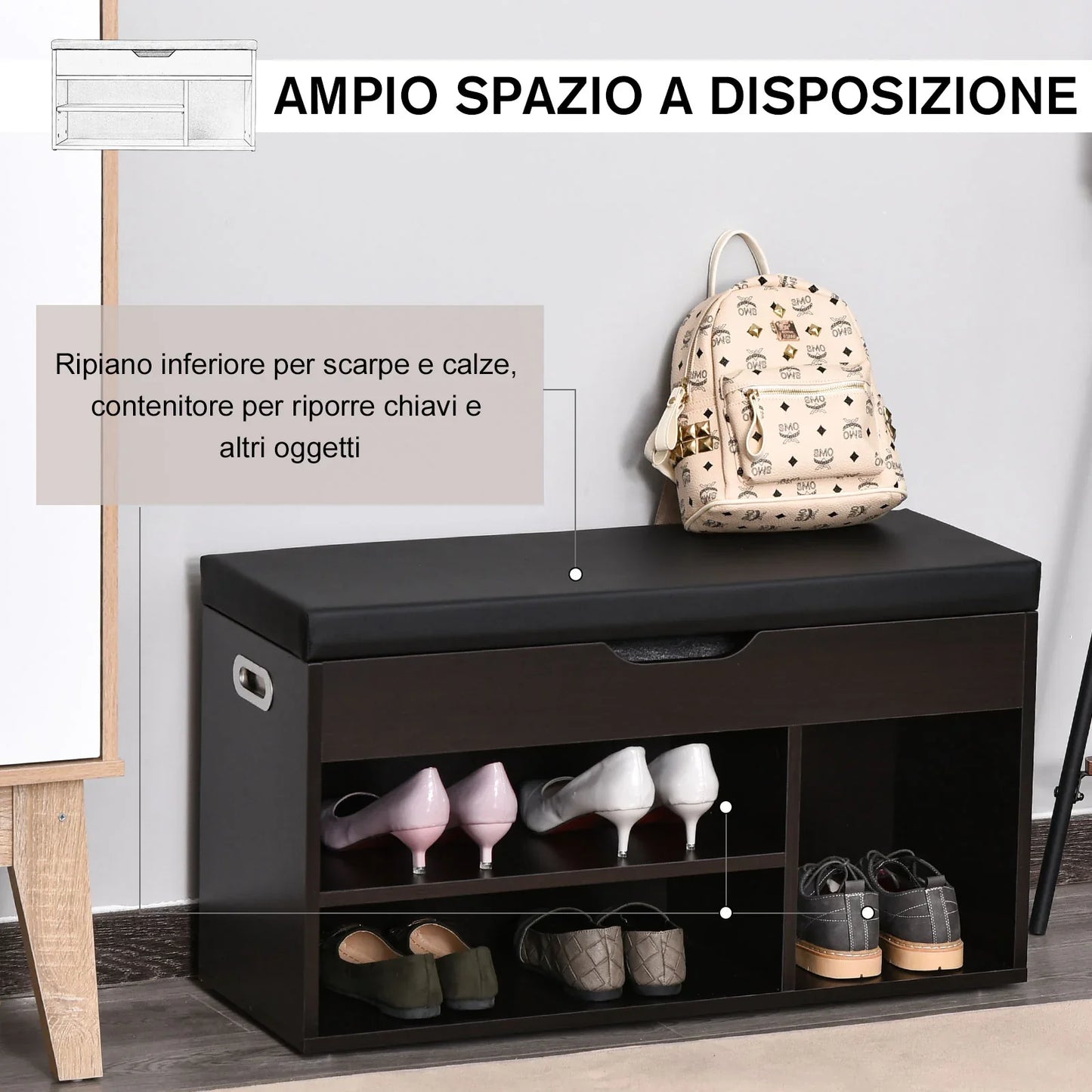 HOMCOM Gepolsterter Schuhschrank für den Eingangsbereich, Schuhbank mit Schuhregal, 3 Fächer, Sitzfläche aus PU-Leder, für Wohn- und Flurbereich, 80x30x43 cm, Schwarz