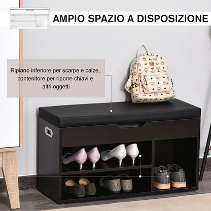 HOMCOM Gepolsterter Schuhschrank für den Eingangsbereich, Schuhbank mit Schuhregal, 3 Fächer, Sitzfläche aus PU-Leder, für Wohn- und Flurbereich, 80x30x43 cm, Schwarz