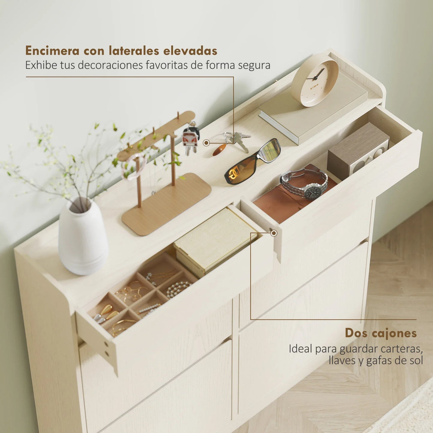 HOMCOM Narrow Shoe Cabinet with 4 Flip-Down Doors - Shoe Storage with 2 Drawers for 8 Pairs of Shoes, Ideal for the Hallway - 98x19.2x95.3 cm White