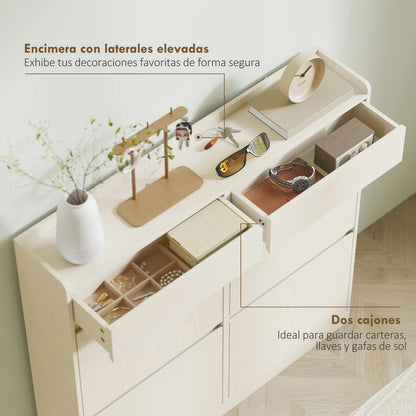 HOMCOM Narrow Shoe Cabinet with 4 Flip-Down Doors - Shoe Storage with 2 Drawers for 8 Pairs of Shoes, Ideal for the Hallway - 98x19.2x95.3 cm White