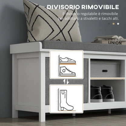 HOMCOM Schuhbank mit verstellbarem 3-stufigem Regal, 2 herausnehmbaren Schubladen und Polster, Möbel aus Spanplatte, 105x35x47 cm, Weiß und Grau