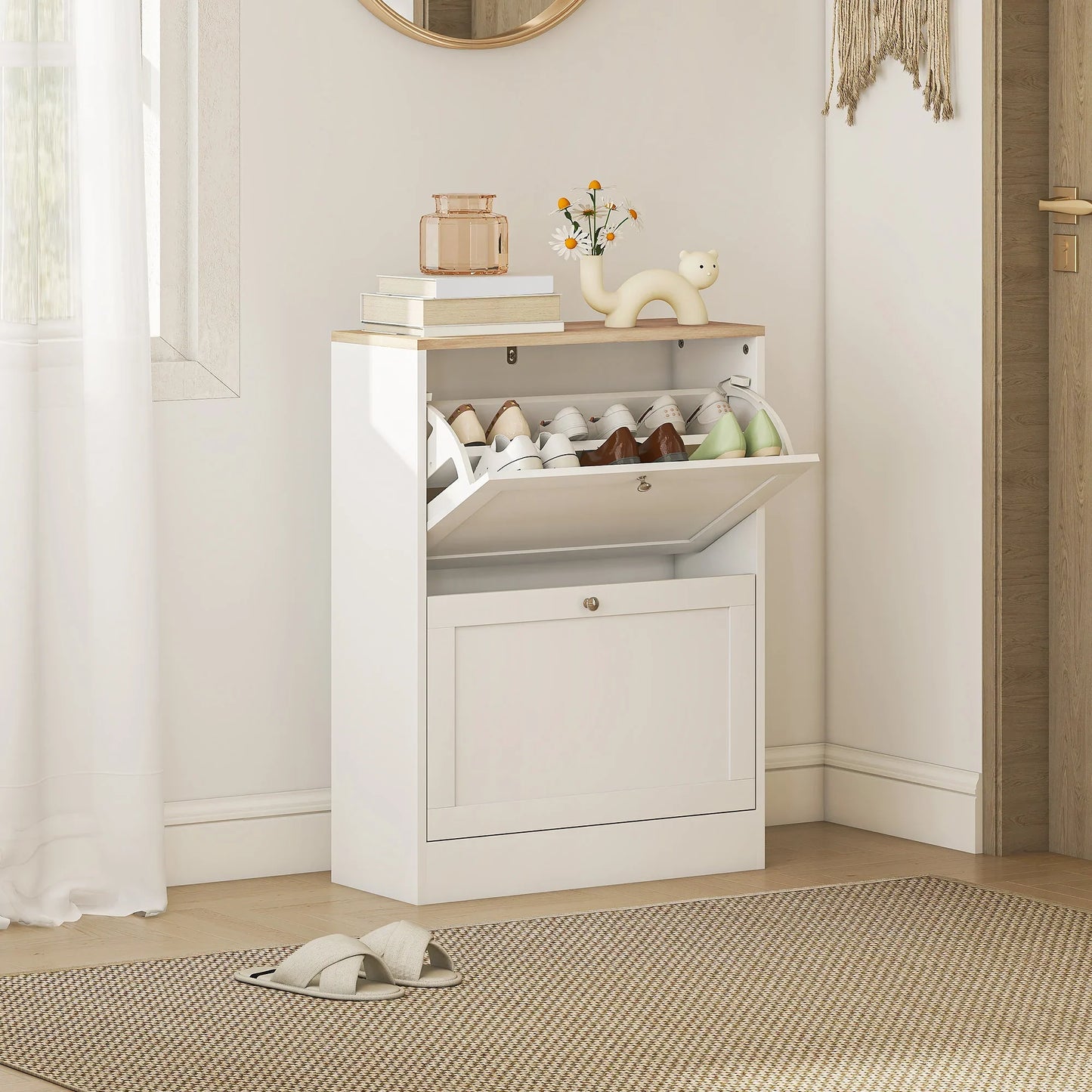HOMCOM Shoe Cabinet for 12 Pairs, Slim Shoe Storage Cabinet, Modern Furniture Piece for the Entrance Area with 2 Flip-Down Drawers and Adjustable Shelves, for Hallway and Entrance Area, 60 x 24 x 80 cm, White