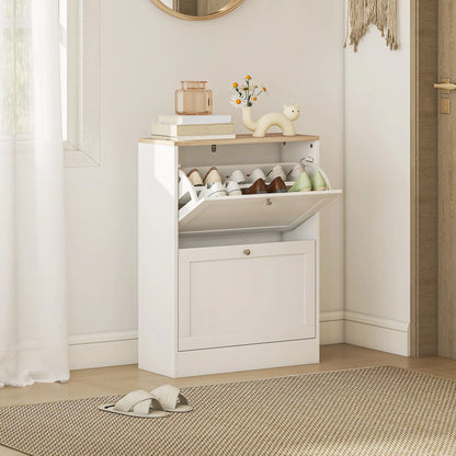 HOMCOM Shoe Cabinet for 12 Pairs, Slim Shoe Storage Cabinet, Modern Furniture Piece for the Entrance Area with 2 Flip-Down Drawers and Adjustable Shelves, for Hallway and Entrance Area, 60 x 24 x 80 cm, White