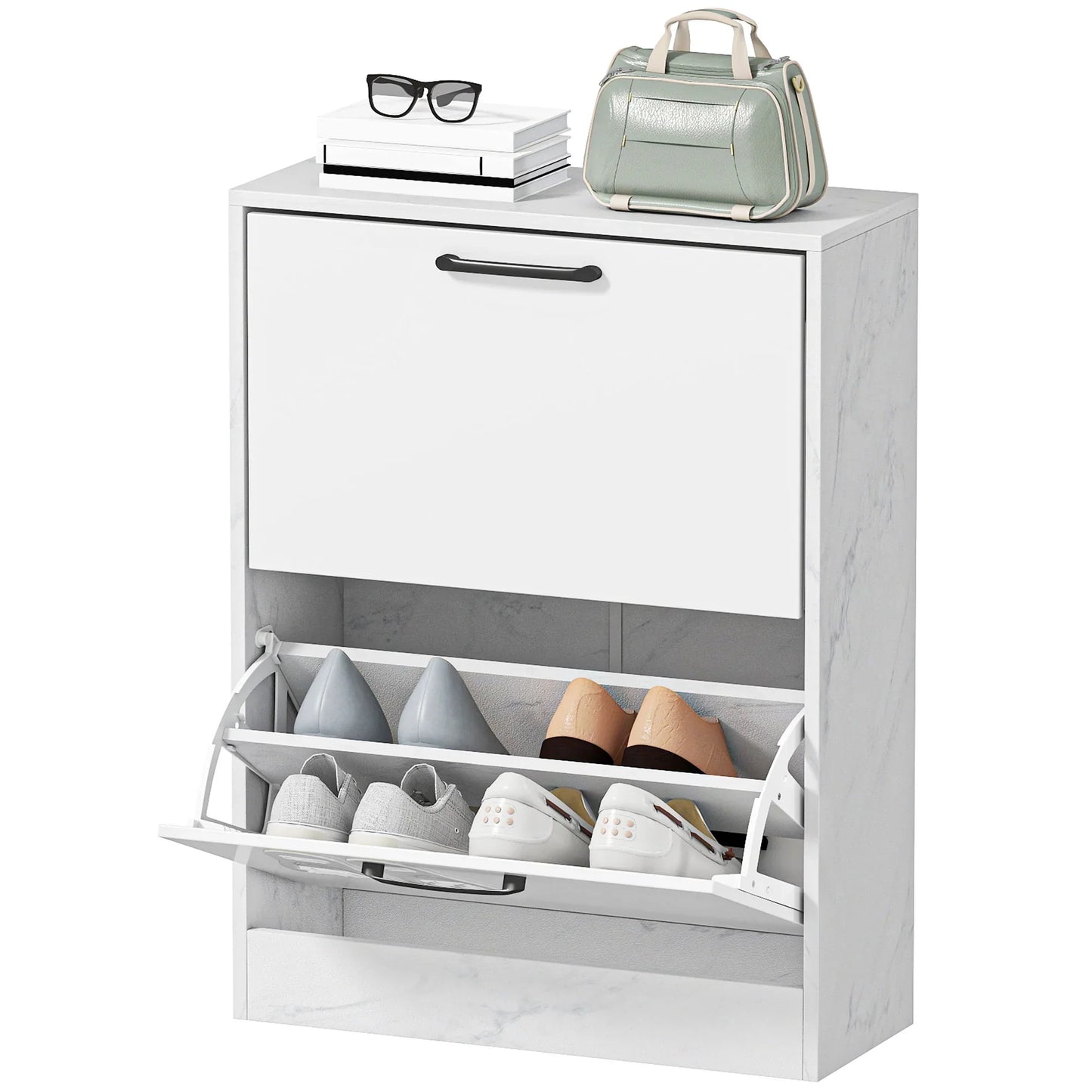 HOMCOM schmaler Schuhschrank mit 2 Hochglanz‑Klapp­türen, verstellbaren Einlegeböden, Marmor‑Design, für bis zu 8 Paar – Weiß (60 x 24 x 80 cm)