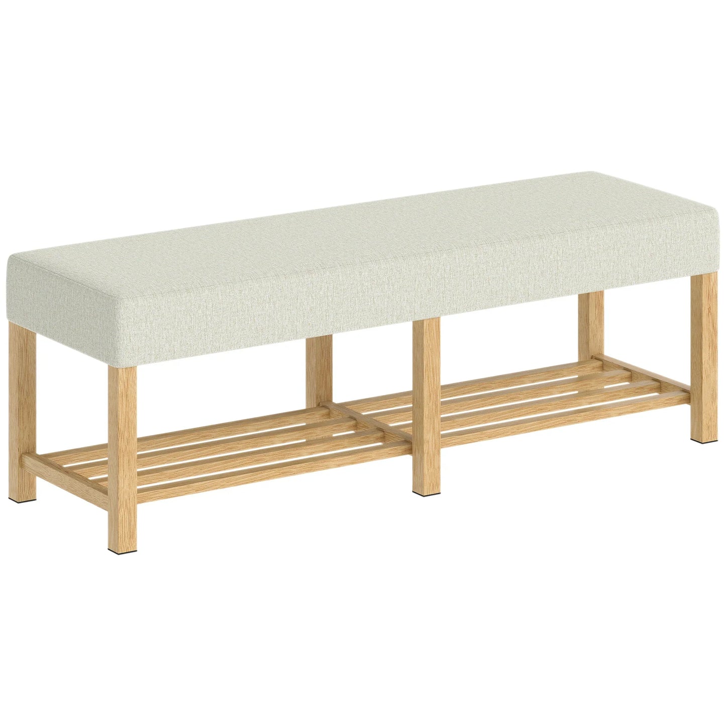 HOMCOM Schuhbank — Moderner Flurbank mit gepolstertem Sitz für 2, offene Schuhablage, Gummibaumholz, für Flur, Diele, Wohnzimmer, 140 x 44 x 48 cm, Creme & Naturholz