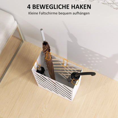 HOMCOM Schirmständer mit 4 Haken und herausnehmbarer Abtropfschale - Schirmhalter für Gehstöcke & Regenschirme, Stahl 28 x 14 x 41 cm Weiß