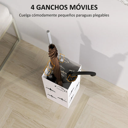 HOMCOM Steel Umbrella Stand with 4 Hooks and Removable Drip Tray - White Umbrella Holder for Hallway and Office 15.5x15.5x41 cm