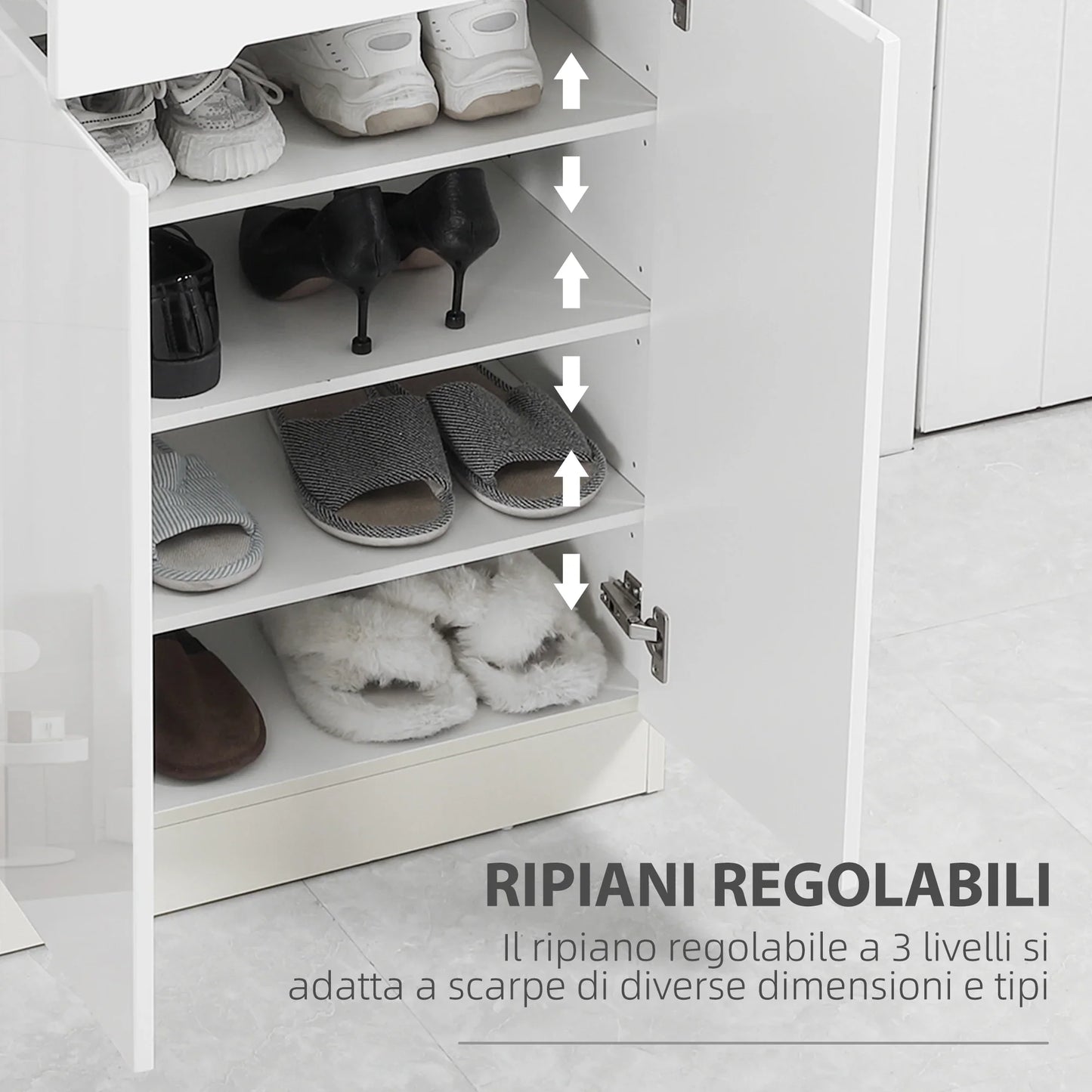 HOMCOM Slim Shoe Cabinet for up to 12 Pairs of Shoes for Entrances and Hallways with 3 Adjustable Shelves and Drawer made of Glossy Particle Board, 60x32x100 cm