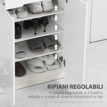 HOMCOM Slim Shoe Cabinet for up to 12 Pairs of Shoes for Entrances and Hallways with 3 Adjustable Shelves and Drawer made of Glossy Particle Board, 60x32x100 cm