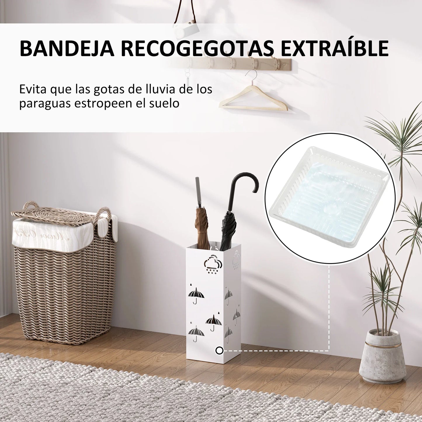 HOMCOM Steel Umbrella Stand with 4 Hooks and Removable Drip Tray - White Umbrella Holder for Hallway and Office 15.5x15.5x41 cm