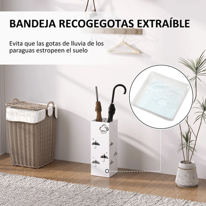 HOMCOM Steel Umbrella Stand with 4 Hooks and Removable Drip Tray - White Umbrella Holder for Hallway and Office 15.5x15.5x41 cm