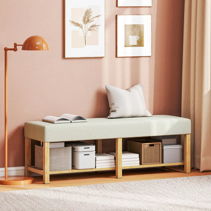 HOMCOM Schuhbank — Moderner Flurbank mit gepolstertem Sitz für 2, offene Schuhablage, Gummibaumholz, für Flur, Diele, Wohnzimmer, 140 x 44 x 48 cm, Creme & Naturholz