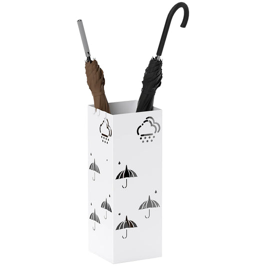 HOMCOM Steel Umbrella Stand with 4 Hooks and Removable Drip Tray - White Umbrella Holder for Hallway and Office 15.5x15.5x41 cm