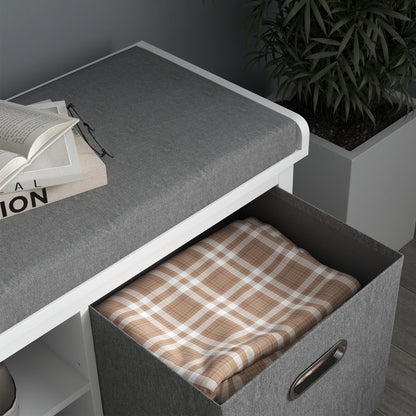HOMCOM Schuhbank mit verstellbarem 3-stufigem Regal, 2 herausnehmbaren Schubladen und Polster, Möbel aus Spanplatte, 105x35x47 cm, Weiß und Grau