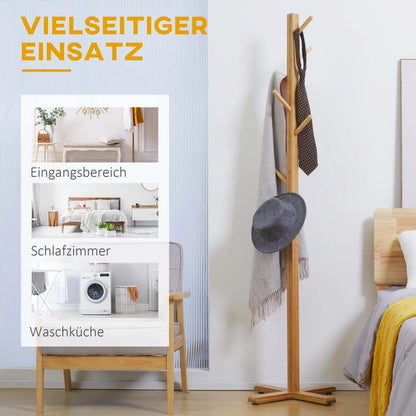 HOMCOM Kleiderständer mit 8 Haken, Bambus Garderobenständer für Schlafzimmer, Ausstellungen, Waschraum, Naturholz