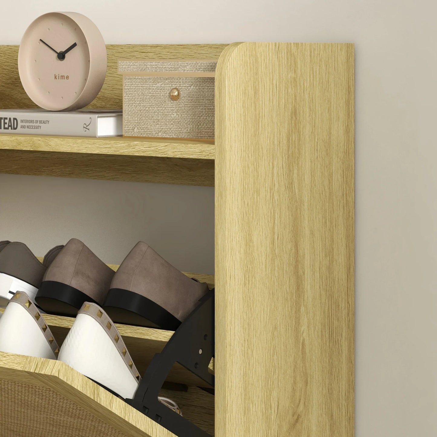 HOMCOM Schuhschrank für den Eingangsbereich im Bohemian-Stil – Schuhschrank für 18 Paar Schuhe mit 2 Klappschubladen und 1 offenen Regal – Schmaler Schuhschrank für Flur 80x24,5x110 cm Eiche