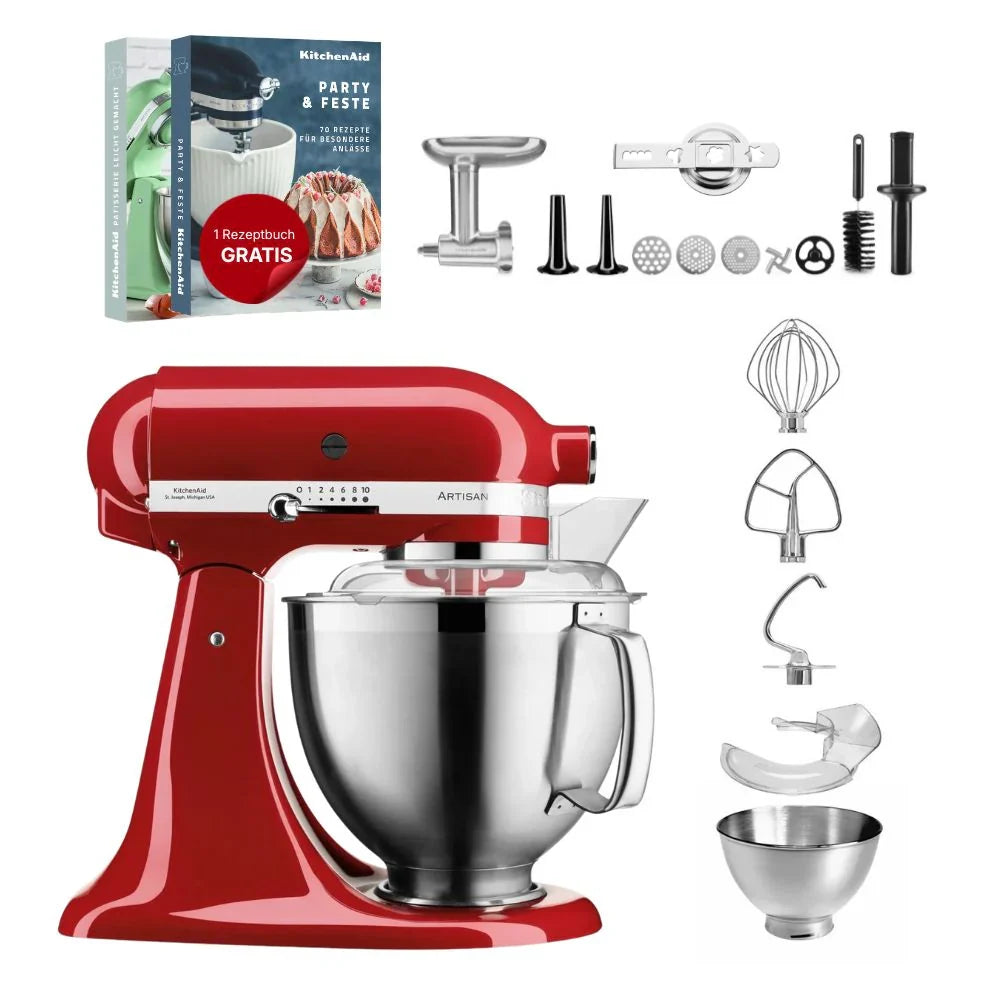 KitchenAid 4,8 L 5KSM185 Artisan Küchenmaschine Fleischliebhaber-Edition Fleischwolf Metall 5KSMMGA Gr. 8 und Spritzgebäckvorsatz