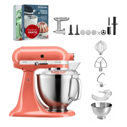 KitchenAid 4,8 L 5KSM185 Artisan Küchenmaschine Fleischliebhaber-Edition Fleischwolf Metall 5KSMMGA Gr. 8 und Spritzgebäckvorsatz