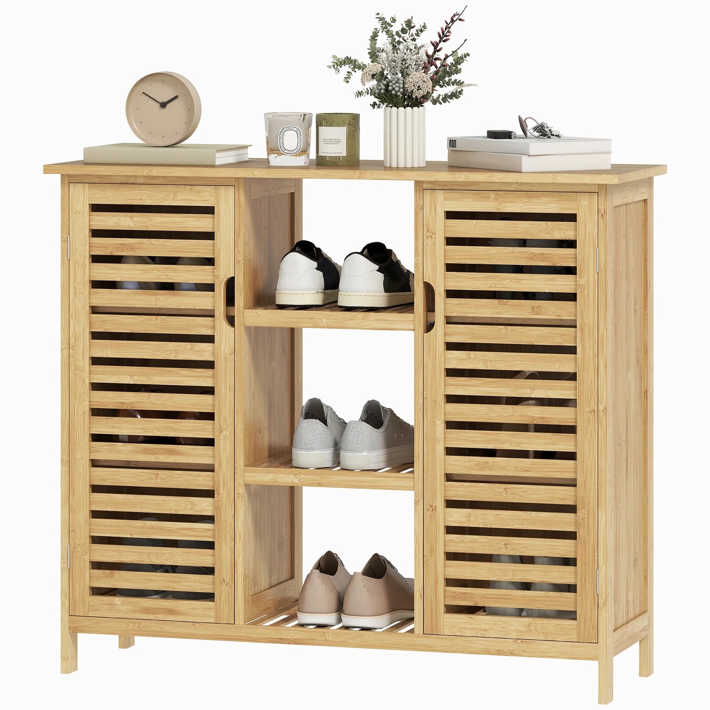HOMCOM Bamboo Shoe Cabinet with 2 Louvred Doors - Shoe Rack for the Entrance Area with Shelves and Open Compartments for 9 Pairs of Shoes 100x33x86 cm Natural