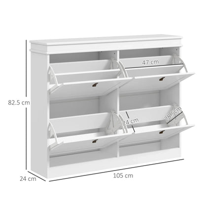 HOMCOM White Shoe Cabinet Slim Shoe Rack with 4 Tilt Doors and Adjustable Shelves for 20 Pairs of Shoes, Anti-tipping Device for Entrance Hallway 105x24x82.5 cm