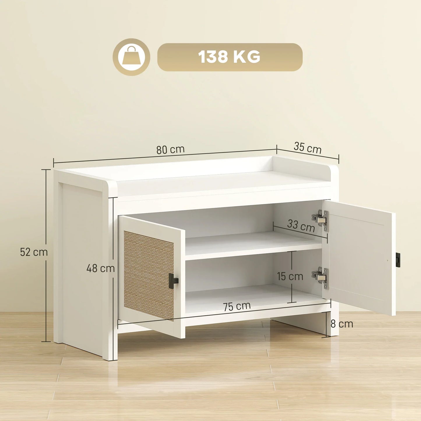 HOMCOM Bohemian shoe bench with rattan front doors, removable shelf for 8 pairs of shoes for hallway and bedroom 80x35x52 cm white