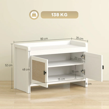 HOMCOM Bohemian shoe bench with rattan front doors, removable shelf for 8 pairs of shoes for hallway and bedroom 80x35x52 cm white