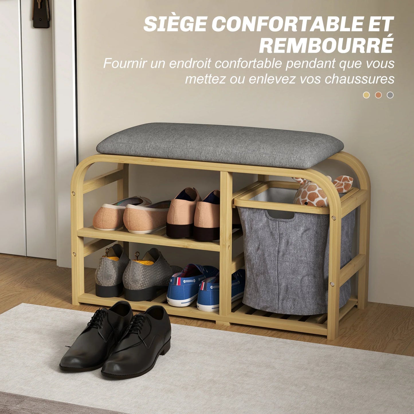 HOMCOM Schuhbank aus Bambus mit gepolsterter Sitzfläche, 2 Lattenregalen und verschiebbarem Stoffkorb, Flurbank für Flur, Schlafzimmer, 70x30x45cm, Naturholz