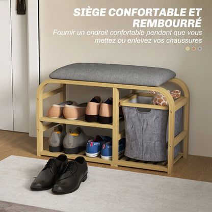 HOMCOM Schuhbank aus Bambus mit gepolsterter Sitzfläche, 2 Lattenregalen und verschiebbarem Stoffkorb, Flurbank für Flur, Schlafzimmer, 70x30x45cm, Naturholz