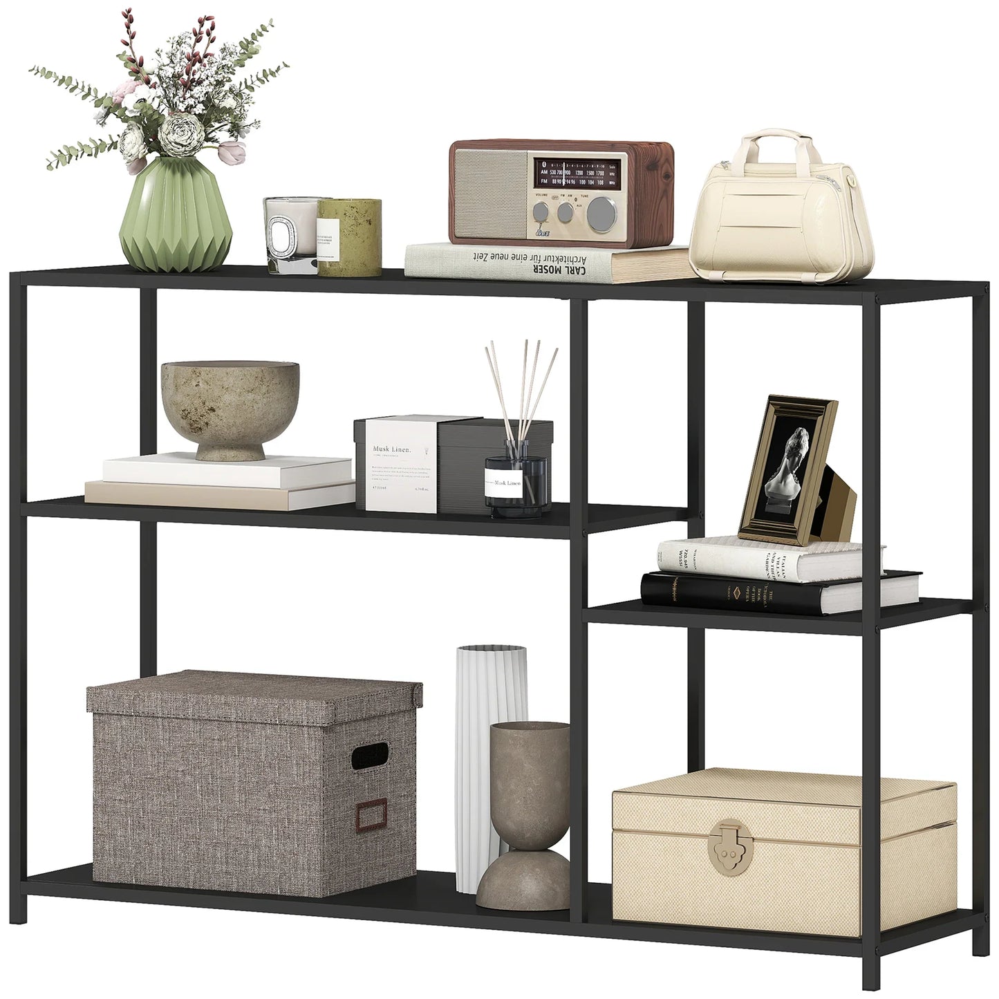 HOMCOM Konsolentisch Flurtisch mit 4 Regalen, Seitentisch mit Stahlrahmen, Metallregal für kleine Räume, Eingangsbereich, Flur, Wohnzimmer, 110 x 30 x 75 cm Schwarz