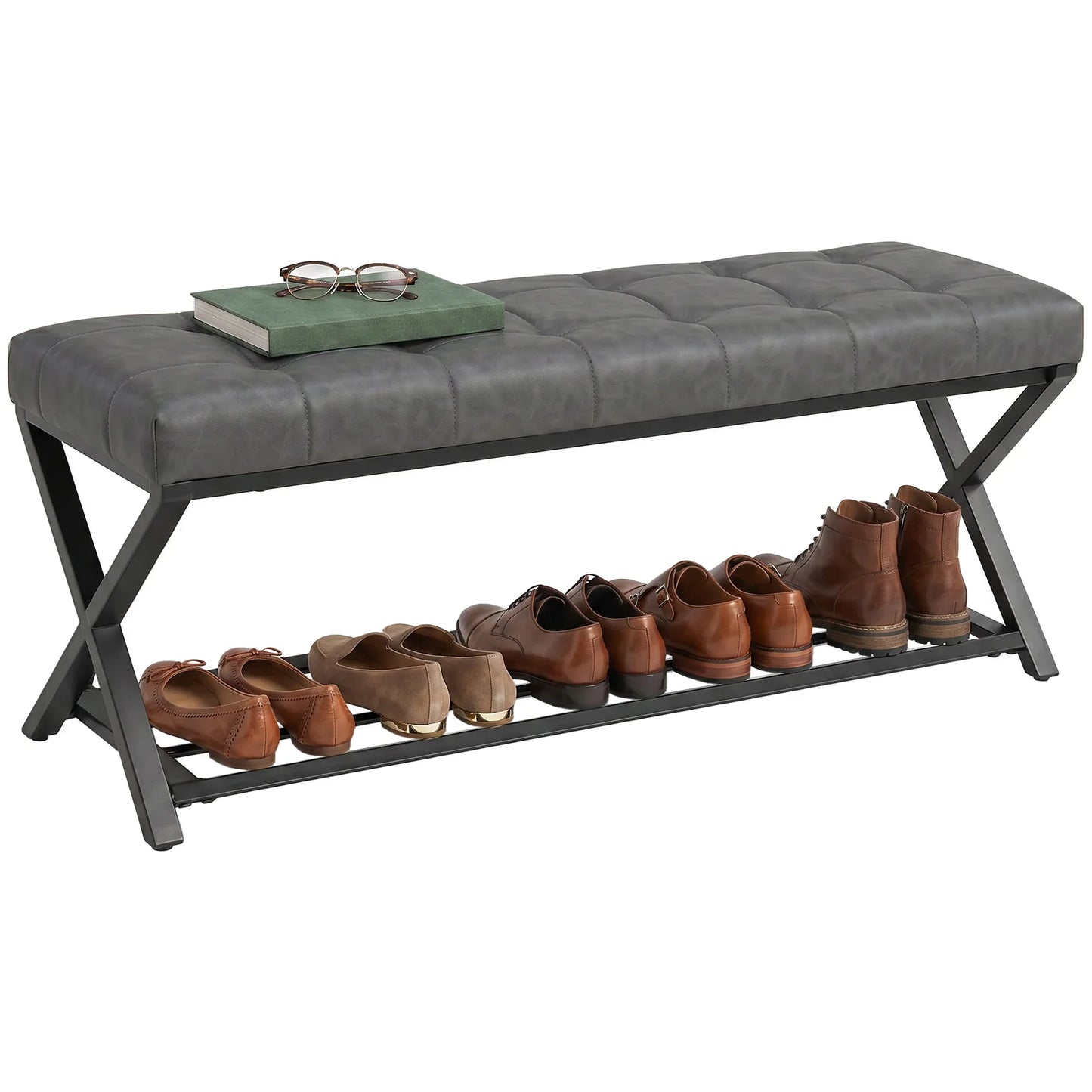 HOMCOM Gepolsterte Schuhbank mit Stauraum – Industrieller X-Rahmen aus Stahl, PU-Kunstleder, 220 kg Tragfähigkeit, 112×37×47 cm, Dunkelgrau