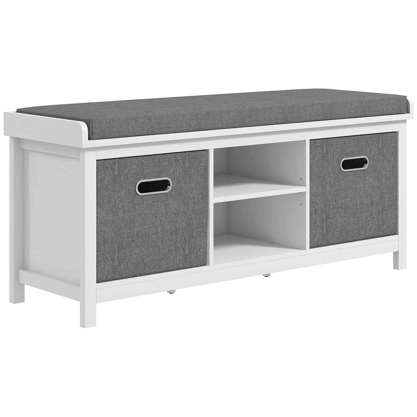 HOMCOM Schuhbank mit verstellbarem 3-stufigem Regal, 2 herausnehmbaren Schubladen und Polster, Möbel aus Spanplatte, 105x35x47 cm, Weiß und Grau