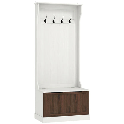 HOMCOM 3 in 1 Garderobenständer mit Schuhbank, platzsparender Boden-Garderobenständer mit 4 Haken und Ablagebank, MDF, für Flur, Schlafzimmer, 71,5x39,5x170 cm, Weiß und Braun