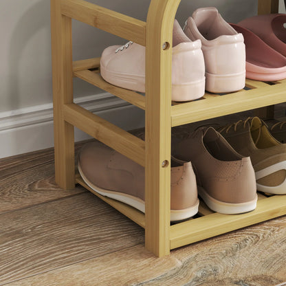 HOMCOM Schuhbank aus Bambus mit gepolsterter Sitzfläche, 2 Lattenregalen und verschiebbarem Stoffkorb, Flurbank für Flur, Schlafzimmer, 70x30x45cm, Naturholz