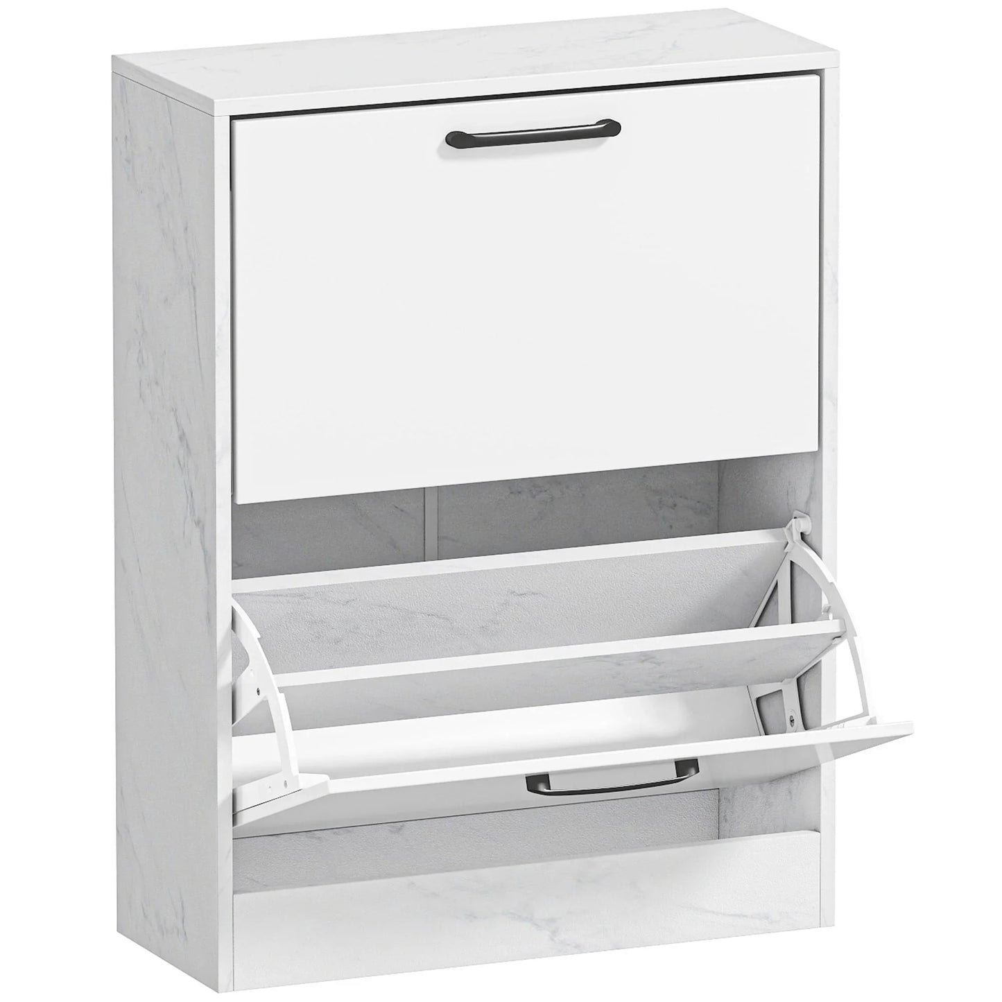 HOMCOM schmaler Schuhschrank mit 2 Hochglanz‑Klapp­türen, verstellbaren Einlegeböden, Marmor‑Design, für bis zu 8 Paar – Weiß (60 x 24 x 80 cm)