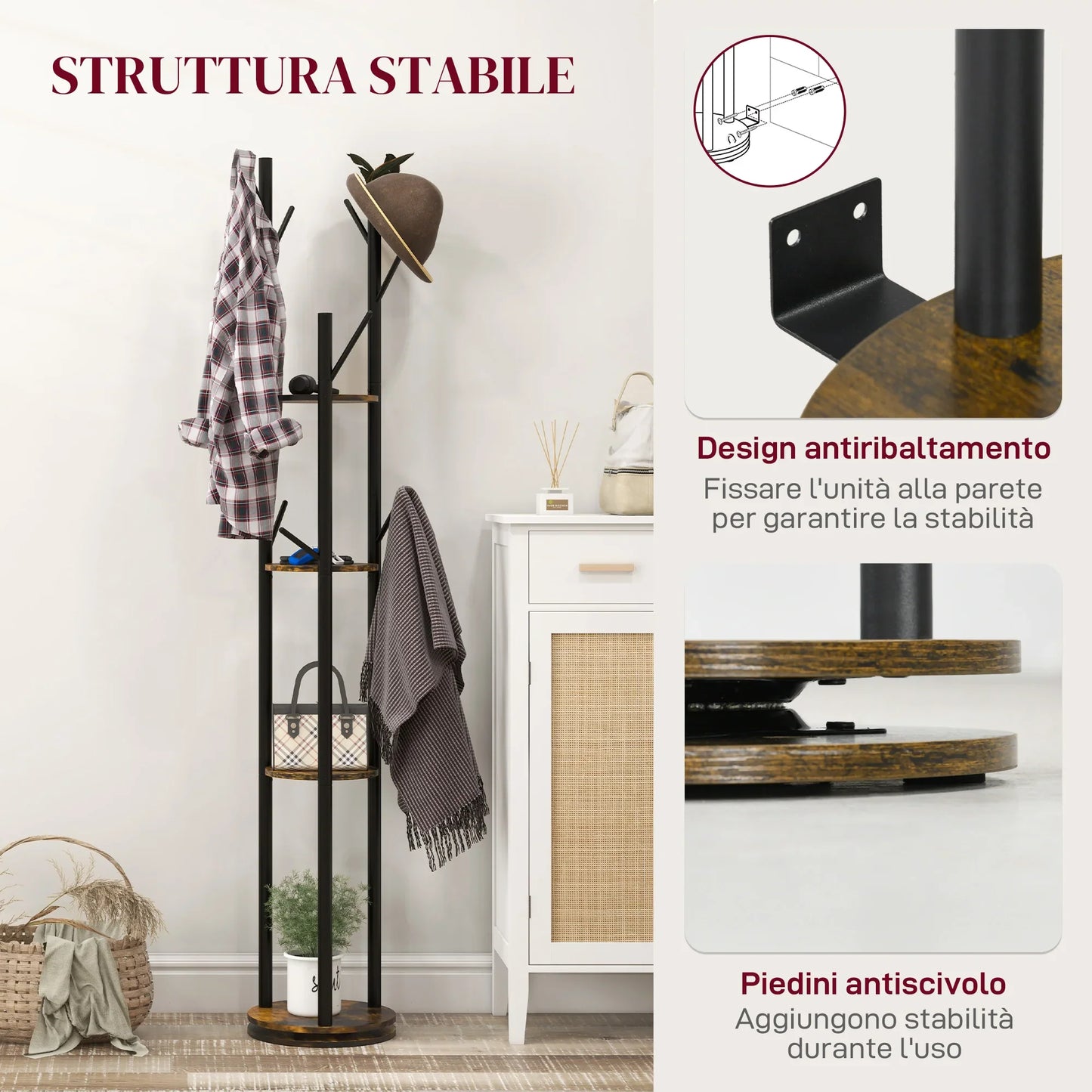 HOMCOM Rotating Freestanding Clothes Rack with 8 Hooks and 4 Shelves, Industrial Garment Rack for Entryway and Bedroom, Ø30x175cm, Rustic Brown