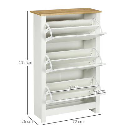 HOMCOM Shoe Cabinet with 3 Tipping Doors, Shoe Rack, Slim Shoe Cabinet with Adjustable Compartment, Shoe Cabinet for 18 Pairs of Shoes 72 x 26 x 112 cm, White+Natural