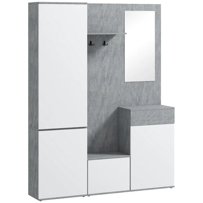 HOMCOM 4-in-1 Garderobenständer mit Spiegel, Haken und verstellbaren Innenregalen, multifunktionale Garderobenmöbel aus Holz mit Schublade, 145x29x184 cm, Grau und Weiß