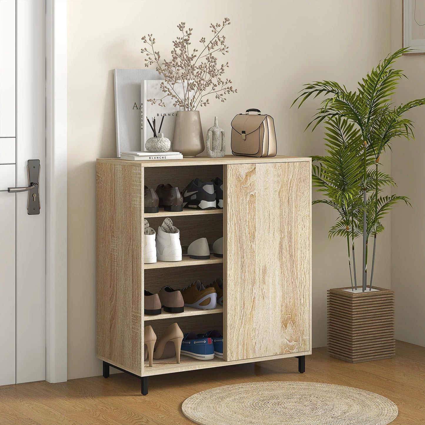 HOMCOM 4-stöckiger Schuhschrank für den Eingangsbereich, Spanplatte und Stahl, Schuhaufbewahrung mit Schiebetür, Schuhregal mit Ablagen für bis zu 12 Paar Schuhe, 80x40x93 cm, Holzfarbe