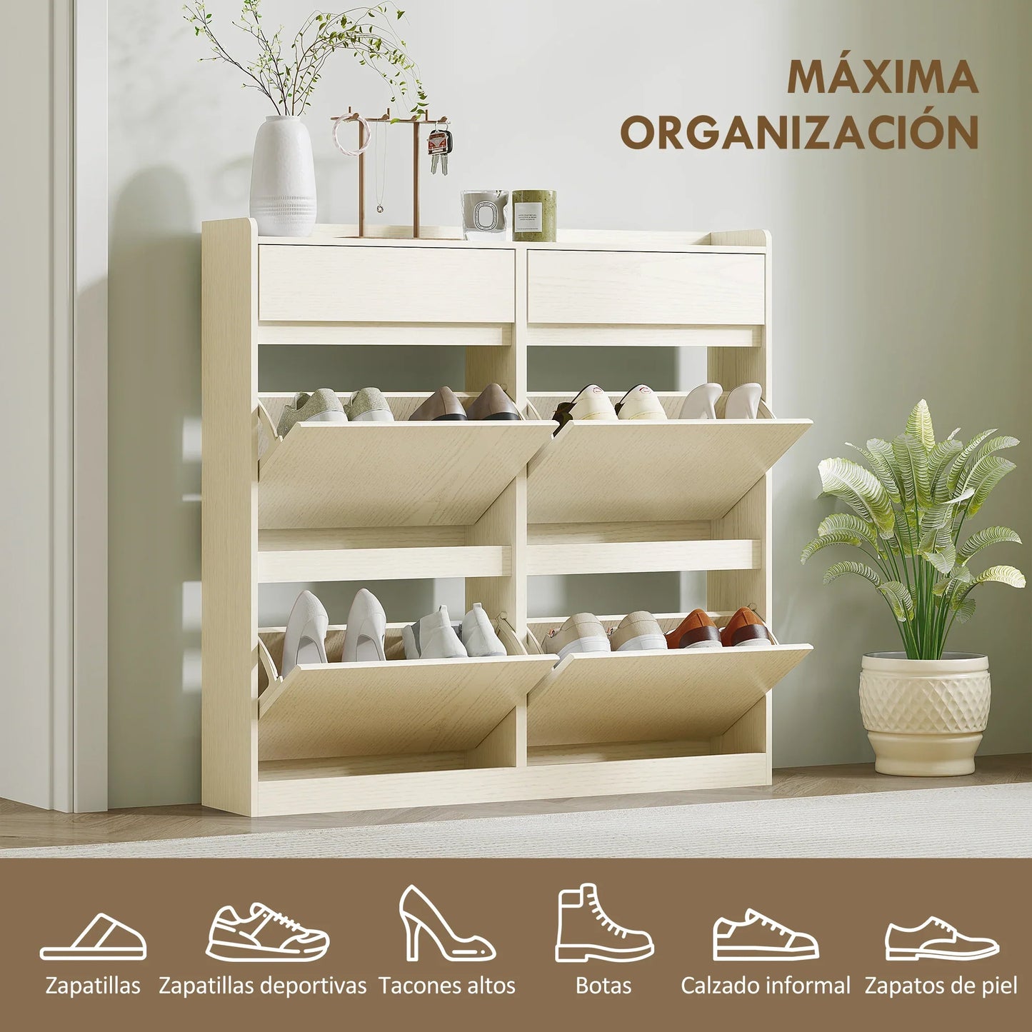 HOMCOM Narrow Shoe Cabinet with 4 Flip-Down Doors - Shoe Storage with 2 Drawers for 8 Pairs of Shoes, Ideal for the Hallway - 98x19.2x95.3 cm White
