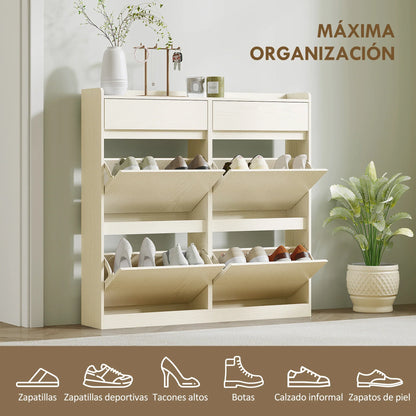 HOMCOM Narrow Shoe Cabinet with 4 Flip-Down Doors - Shoe Storage with 2 Drawers for 8 Pairs of Shoes, Ideal for the Hallway - 98x19.2x95.3 cm White