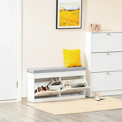 HOMCOM Schuhbank Schuhaufbewahrung für 8 Paar Schuhe mit 2 Schubladen, verstellbaren Regalböden und gepolstertem Sitzkissen für Eingangsbereich Flur 104x24x55 cm Weiß