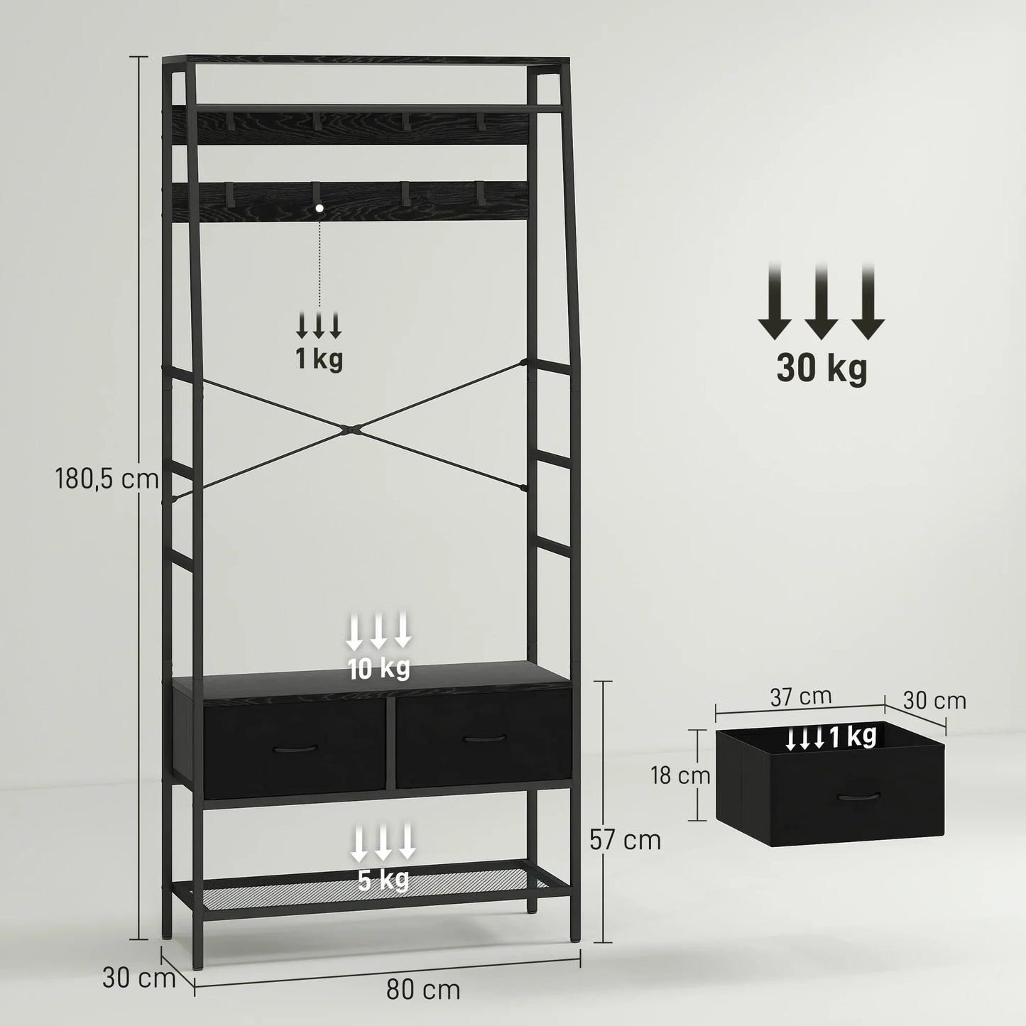HOMCOM Coat Rack, Clothes Rail with Shoe Rack, 2 Fabric Drawers, Wardrobe with 8 Hooks, Shelf, Coat Rack with Anti-Tip Protection, for Hallway, Corridor, Bedroom, Black
