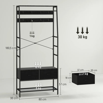 HOMCOM Coat Rack, Clothes Rail with Shoe Rack, 2 Fabric Drawers, Wardrobe with 8 Hooks, Shelf, Coat Rack with Anti-Tip Protection, for Hallway, Corridor, Bedroom, Black