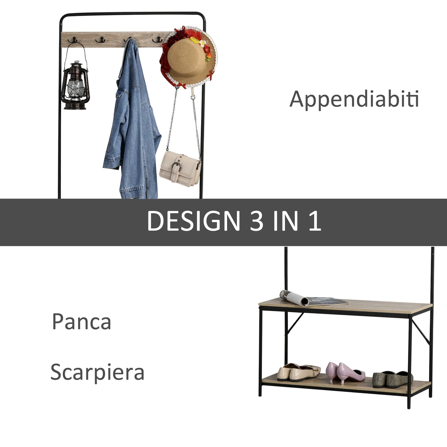 HOMCOM Coat Rack with Bench and Shoe Storage, Industrial Style, Vintage Wood and Black Steel Hallway Furniture