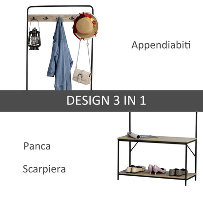 HOMCOM Coat Rack with Bench and Shoe Storage, Industrial Style, Vintage Wood and Black Steel Hallway Furniture