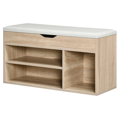 HOMCOM Space-Saving Upholstered Shoe Storage Cabinet, Hallway Cabinets with Shoe Storage, 3 Compartments, PU Leather Seat, for Living Room and Hallway, 80x30x43 cm, Wood Color
